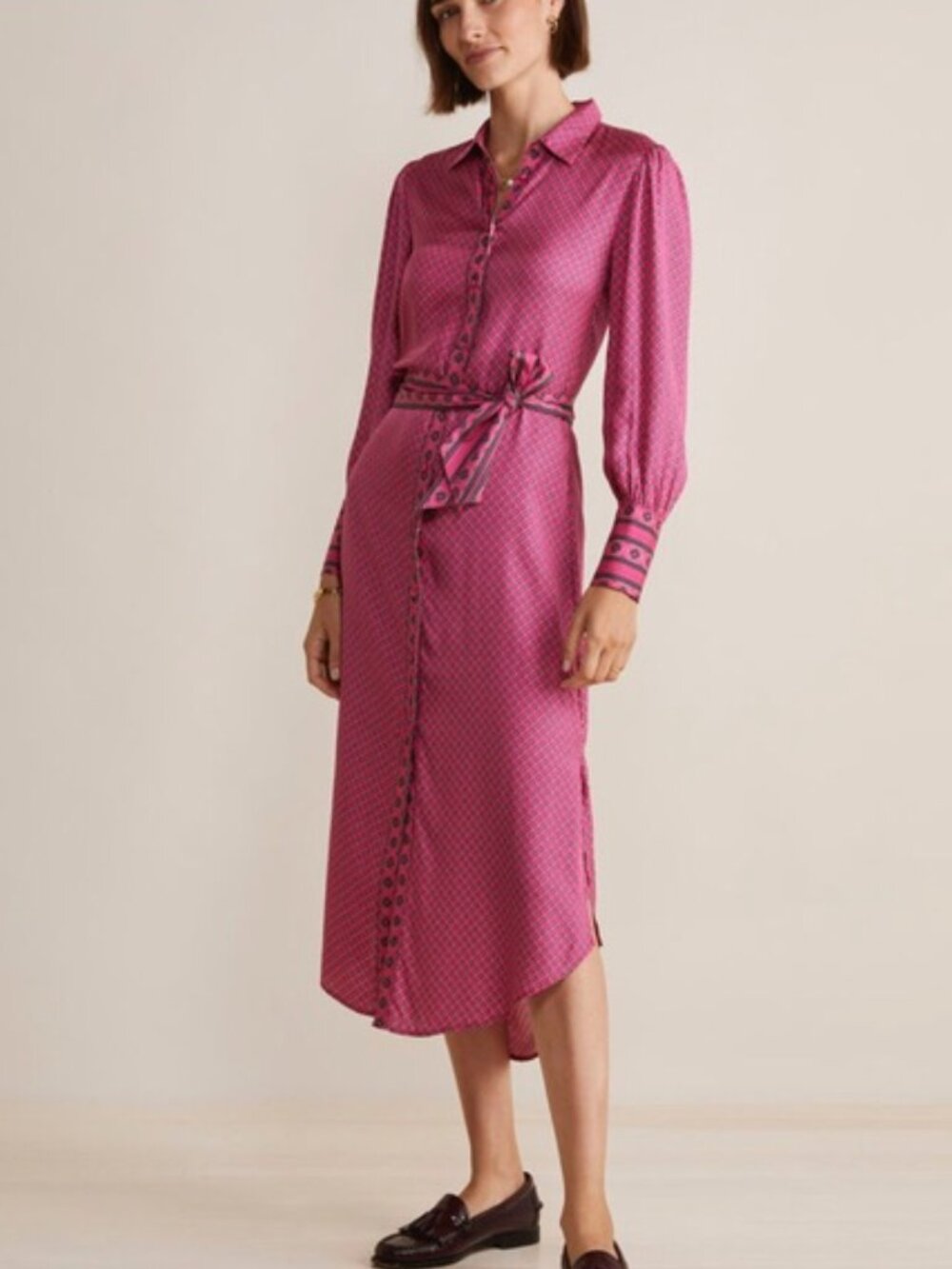 Vineyard Vines Silk Twill Midi Shirtdress in Diamond Border with Tie Waist- XXS